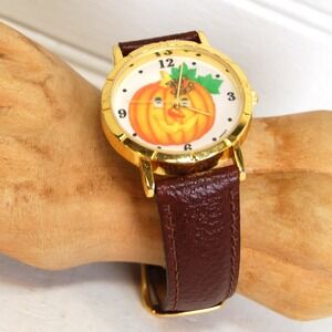 Vintage Halloween Watch Leather Pumpkin Trick Treat Japan Mov't‎ *needs battery